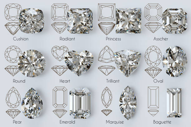 Twelve popular diamond cut styles, outlines, titles on white background Popular diamond shapes: round, cushion, princess, radiant, emerald, trilliant, heart, oval, pear, marquise, baguette, asscher. diamond shaped photos stock pictures, royalty-free photos & images