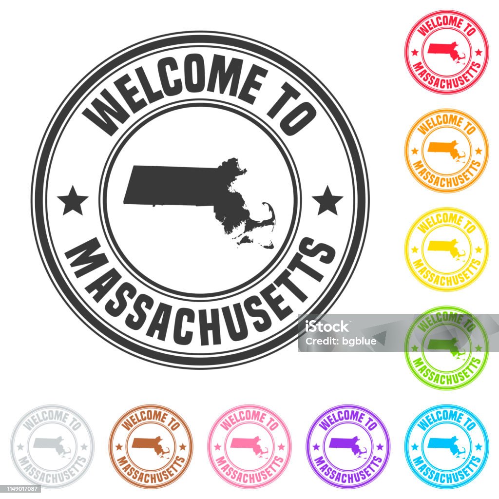 Welcome to Massachusetts stamp - Colorful badges on white background Stamp of "welcome to Massachusetts" isolated on a blank background. The stamp is composed of the map in the middle with the name below and "Welcome to" at the top, separated by stars. The stamp is available in different colors (Multi color choice: black, red, orange, yellow, green, blue, purple, pink, brown and gray). Vector Illustration (EPS10, well layered and grouped). Easy to edit, manipulate, resize or colorize. Massachusetts stock vector