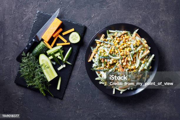 Easy Cucumber Corn Cheese Salad With Yogurt Lemon Dressing Sprinkled With Finely Chopped Dill Stock Photo - Download Image Now