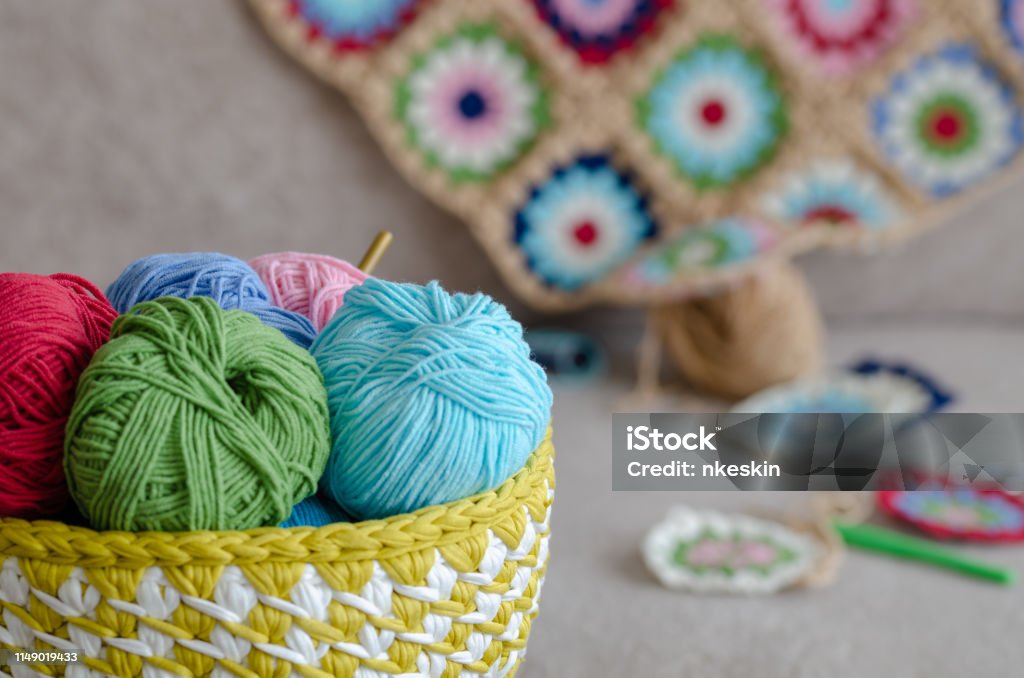 Crocheting Supplies And Crochet Colorful Baby Blanket Stock Photo -  Download Image Now - iStock