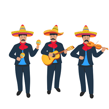 Mariachi. Mexican street band in national costume playing on musical instruments.