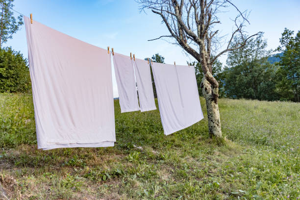 istock White Sheets Hanging on Clothesline on Summer Sunny Day Outdoors on Field 1149024124