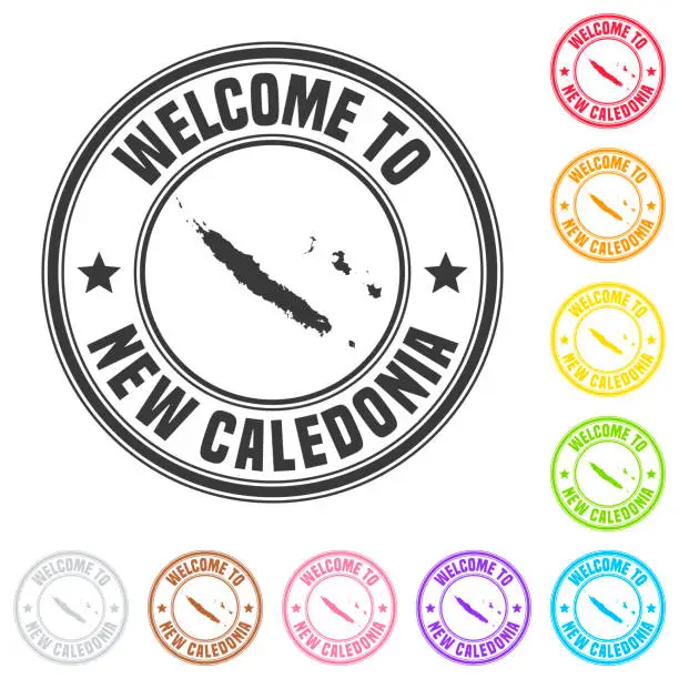 Vector illustration of Welcome to New Caledonia stamp - Colorful badges on white background