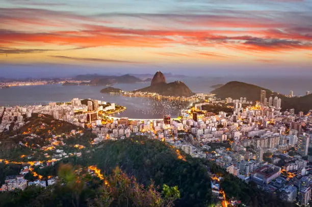 Aerial view of Rio de Janeiro Brazil with Guanabara Bay and Sugar Loaf at night