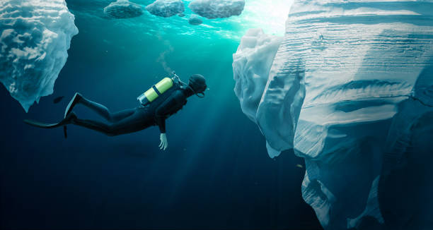 Diver ecploring the pack ice stock photo