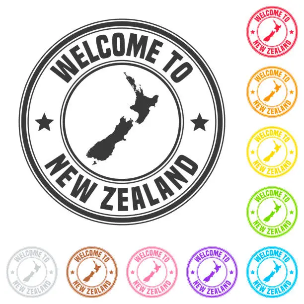 Vector illustration of Welcome to New Zealand stamp - Colorful badges on white background