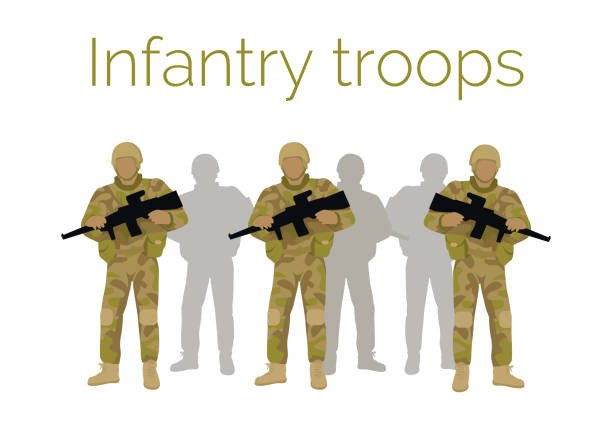 infanterie-truppen-soldaten mit waffe vektor - brunt stock-grafiken, -clipart, -cartoons und -symbole
