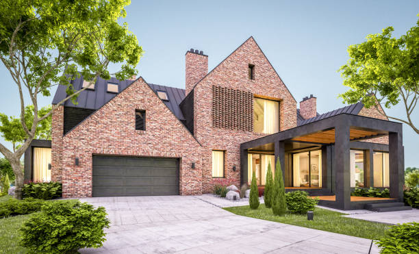 istock 3d rendering of modern clinker house on the ponds with pool in evening 1149029771
