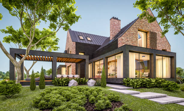 istock 3d rendering of modern clinker house on the ponds with pool in evening 1149029805