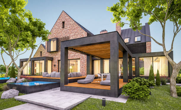 istock 3d rendering of modern clinker house on the ponds with pool in evening 1149029811