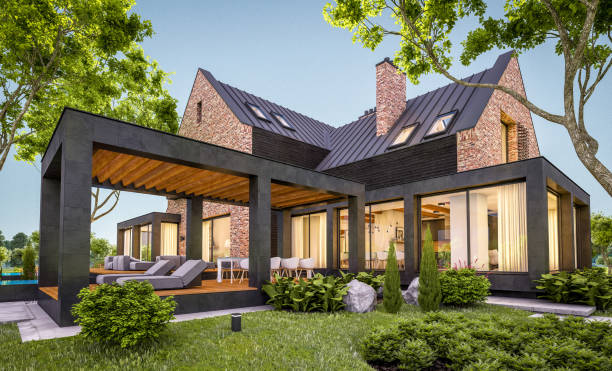 istock 3d rendering of modern clinker house on the ponds with pool in evening 1149029820