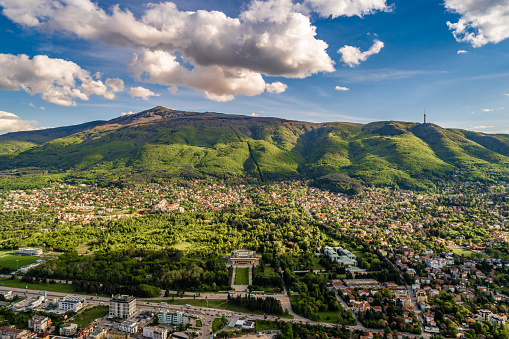 Aerial view of Vitosha mountain in Sofia, Bulgaria during springtime landscape. The scene is situated in Sofia city capital of Bulgaria (Eastern Europe). The picture is taken with DJI Phantom 4 Pro drone.