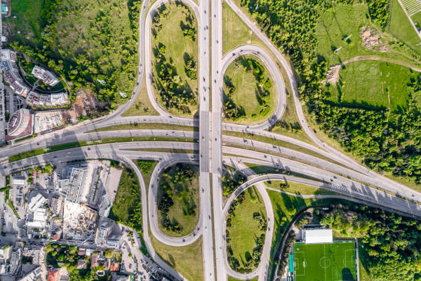istock Drone shot looking down of highway road intersection in Sofia, Bulgaria during springtime landscape 1149031106