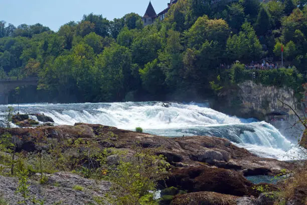 The Rhine Falls of Schaffhausen in Switzerland with their blue water, white cascades, green hills and rocks