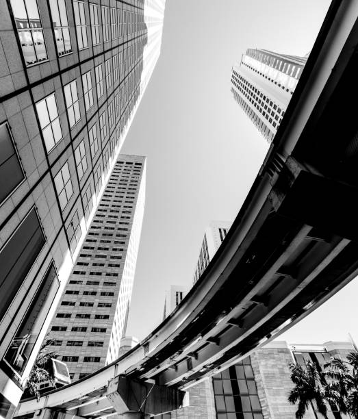 istock Monorail in downtown Miami seen from below in black and white 1149034946