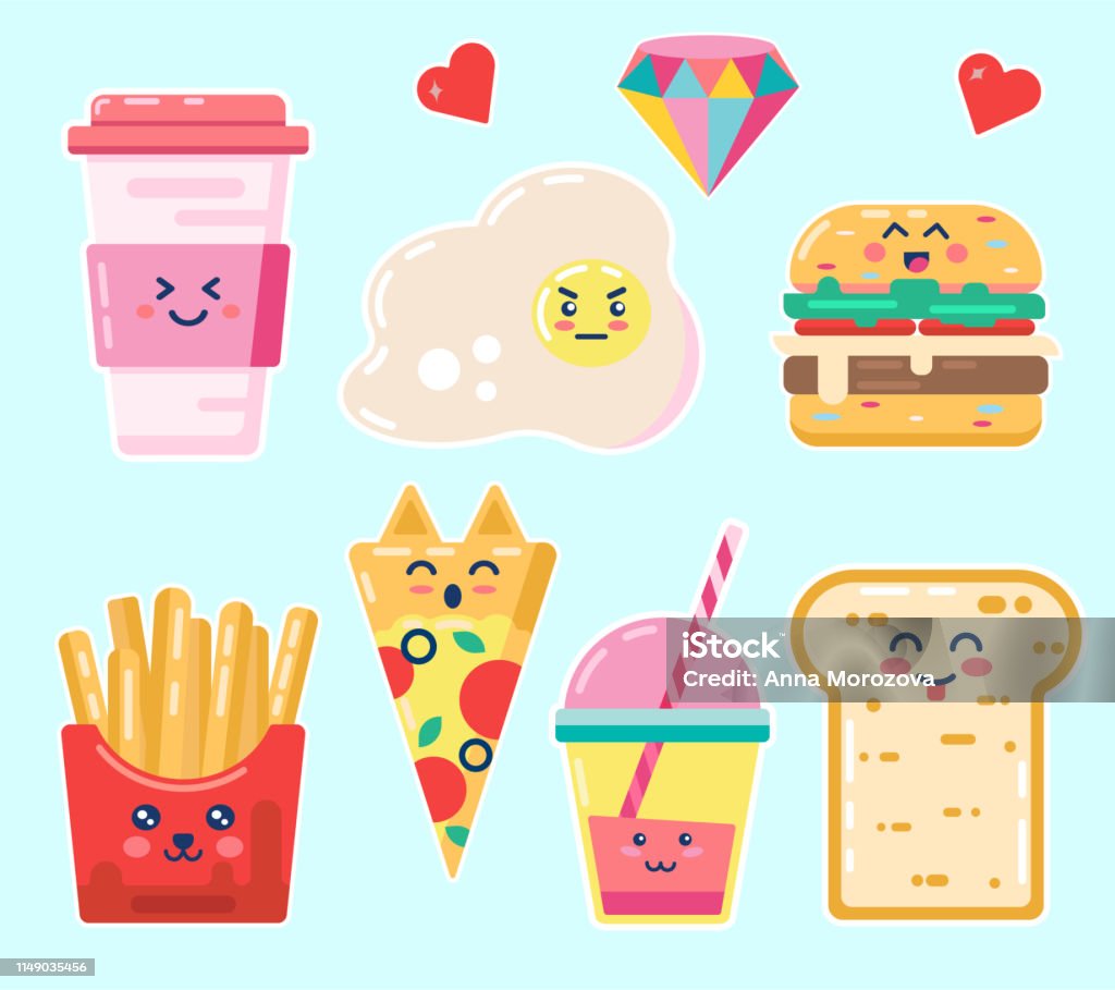 Kawaii Breakfast Various Tasty Food With Faces Vector Set Of Cute Anime  Cartoon Coffee Egg Humburger French Fries Pizza Drink Bread Isolated For  Poster Card Flayer Postcard Calendar Concept Stock Illustration -