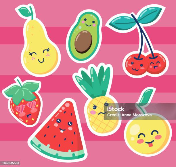 Set Of Cute Cartoon Fruit Watermelon Orange Apple Pineapple Pearavcado Cherry Strawberry Peach Vector Illustration Isolated On Pink Background Kawaii Anime Emoji Fruits Stickers Summer Time Stock Illustration - Download Image Now