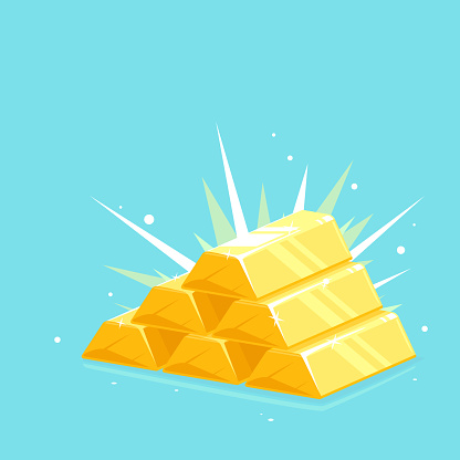 Gold bars stack pyramid with bright lights, bright golden pyramid stacked with shiny gold bar, wealth concept illustration