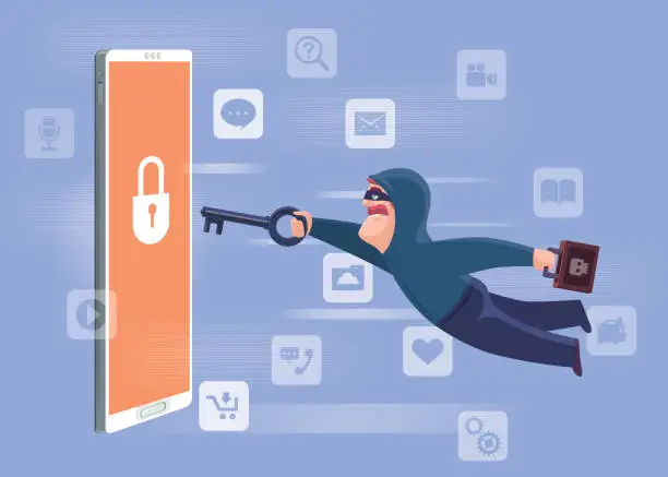 Vector illustration of hacker holding key and going to unlock smartphone