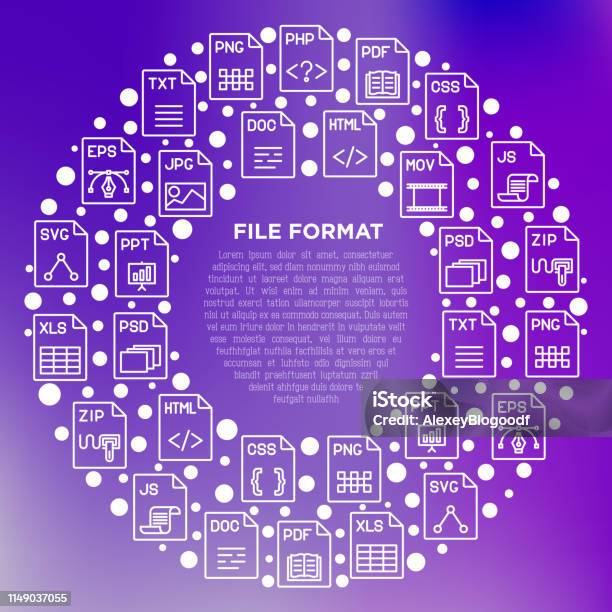 File Formats Concept In Circle With Thin Line Icons Doc Pdf Php Html Jpg Png Txt Mov Eps Zip Css Js Modern Vector Illustration Print Media Template Stock Illustration - Download Image Now