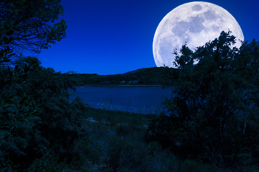 Landscape at the lake at night with super moon
