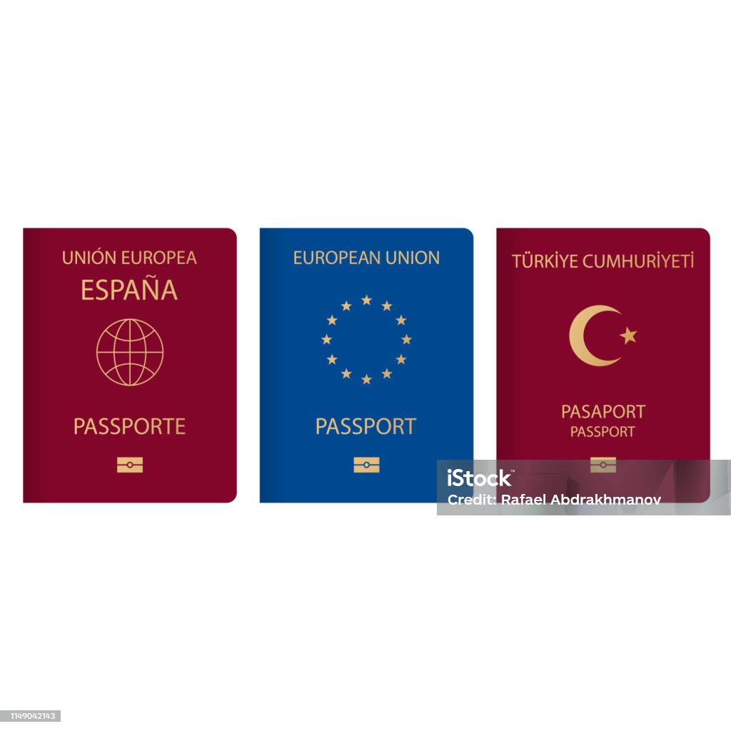 Concept de variation d’un passeport du monde entier. Un document citoyens de l’Europe Turquie et l’Espagne avec des logos, symboles de la lune et l’étoile, un globe et 12 étoiles en cercle. - clipart vectoriel de Passeport libre de droits