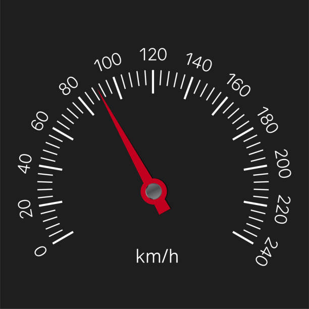 시간 당 킬로미터와 붉은 손과 흰색 숫자 속도계의 현실적인 그림. 검은 배경에 고립-벡터 - petr pavel stock illustrations