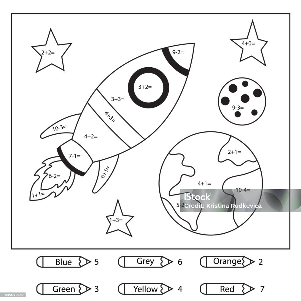 Educational coloring page for kids. Paint color by subtraction and addition numbers. Cartoon rocket, earth and moon. Space theme. Vector illustration. Coloring stock vector