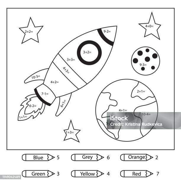 Educational Coloring Page For Kids Paint Color By Subtraction And Addition Numbers Cartoon Rocket Earth And Moon Space Theme Vector Illustration Stock Illustration - Download Image Now