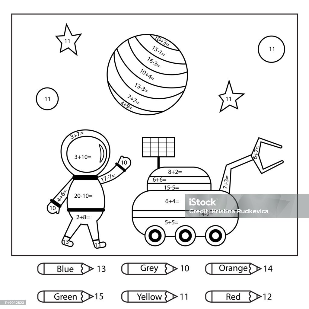 Educational coloring page for kids. Paint color by subtraction and addition numbers. Cartoon astronaut, moon loader and planets. Space theme. Vector illustration. Outer Space stock vector