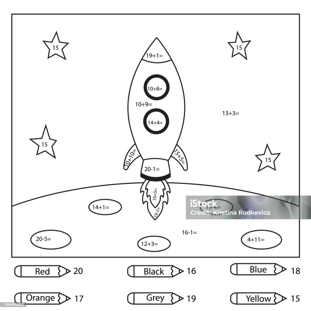 Educational coloring page for kids. Paint color by subtraction and addition numbers. Cute cartoon rocket on the moon. Space day. Vector illustration. Rocketship stock vector