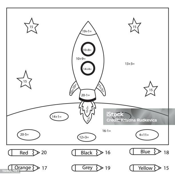 Educational Coloring Page For Kids Paint Color By Subtraction And Addition Numbers Cute Cartoon Rocket On The Moon Space Day Vector Illustration Stock Illustration - Download Image Now