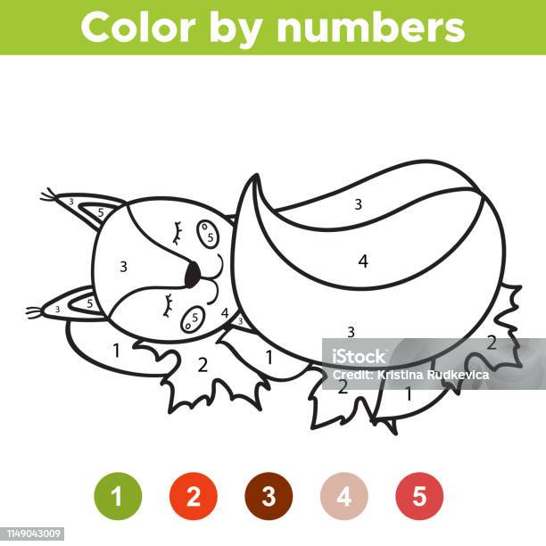 Numbers Coloring Page Cute Cartoon Squirrel Is Sleeping On The Leaves Educational Game For Preschool Kids Autumn Woodland Animals Vector Illustration Stock Illustration - Download Image Now