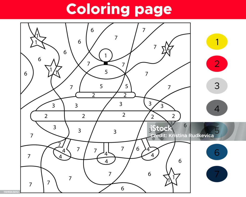 Number coloring page for preschool kids. Educational space game. Cartoon aliens UFO. Activity stock vector