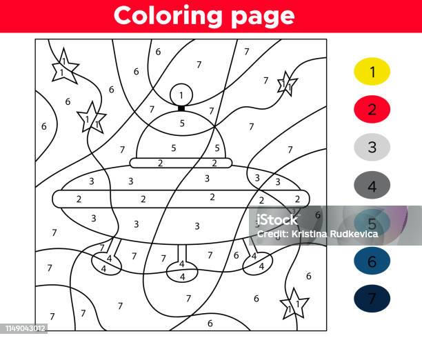 Number Coloring Page For Preschool Kids Educational Space Game Cartoon Aliens Ufo Stock Illustration - Download Image Now