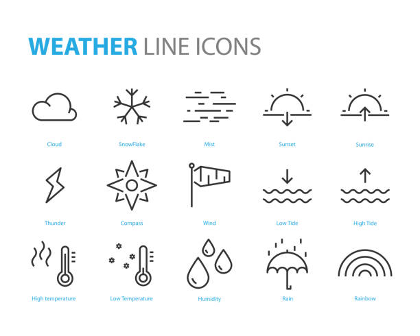 zestaw ikon pogody, pochmurny, nocny, słoneczny, deszczowy, burza z piorunami, dzień, mgła - weather condition sunny sunlight stock illustrations