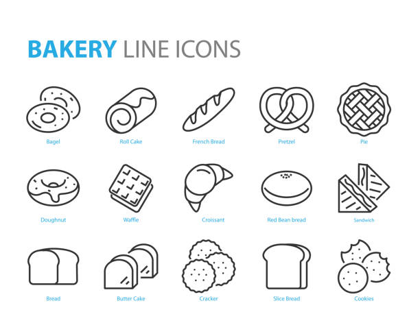 illustrations, cliparts, dessins animés et icônes de ensemble d’icônes de ligne de boulangerie, comme le pain, gaufre, gâteau, chignon - pain