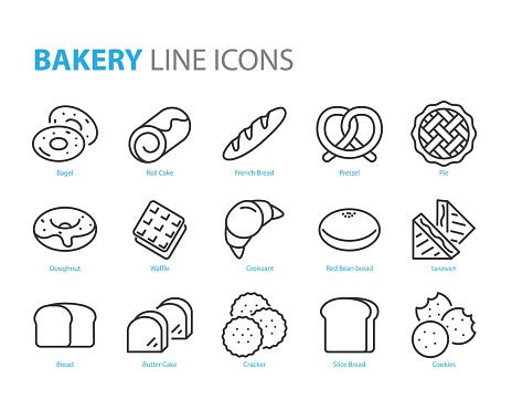 set of bakery line icons, such as bread, waffle, cake, bun