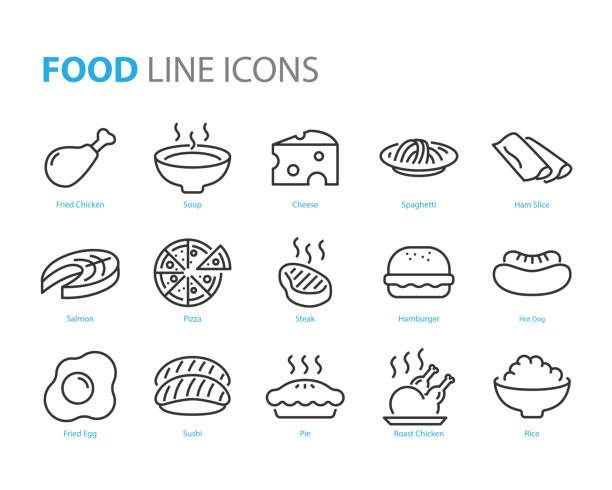 illustrazioni stock, clip art, cartoni animati e icone di tendenza di set di icone del cibo, come ristorante, menu, sushi, riso, zuppa, noodle - portata principale
