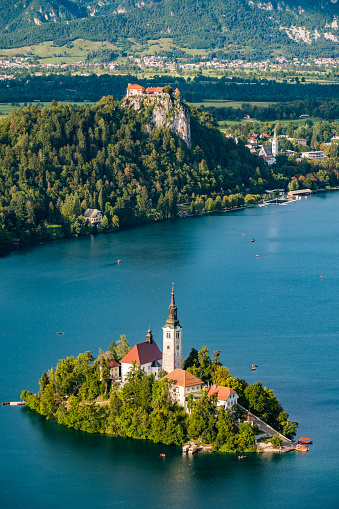 One of the most beautiful lakes of Europe - lake Bled in Slovenia. panoramic view with island and the church