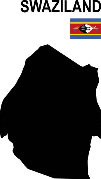 Vector illustration of Black basic map of Eswatini with flag against white background
