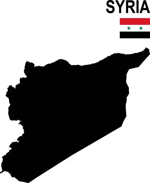 Vector illustration of Black basic map of Syria with flag against white background