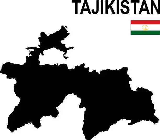 Vector illustration of Black basic map of Tajikistan with flag against white background