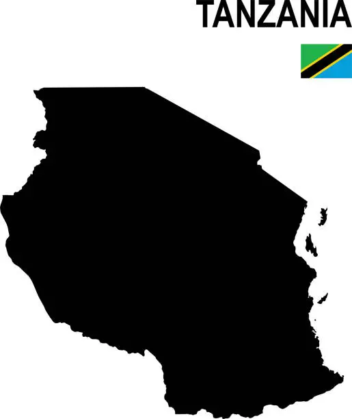 Vector illustration of Black basic map of Tanzania with flag against white background