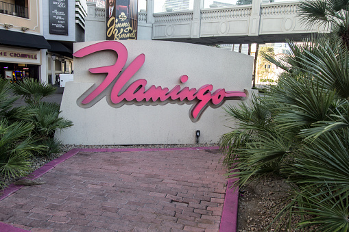 Las Vegas, Nevada, USA - May 6, 2019: Exterior of the famous Flamingo Hotel. The Flamingo was opened in 1946 and is the oldest luxury resort on the Las Vegas Strip.