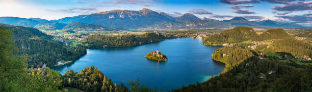 Panoramic view of Lake Bled stock photo