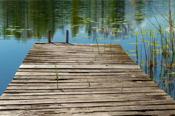 istock Old rustic wooden jetty on a tranquil lake 1149046643