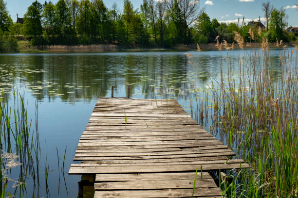 istock Old rustic wooden jetty on a tranquil lake 1149046644