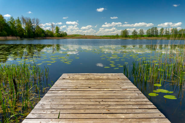 istock Old rustic wooden jetty on a tranquil lake 1149046684