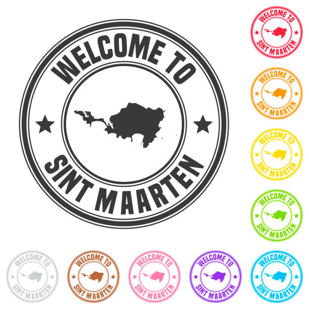 ilustrações de stock, clip art, desenhos animados e ícones de welcome to sint maarten stamp - colorful badges on white background - sao martinho
